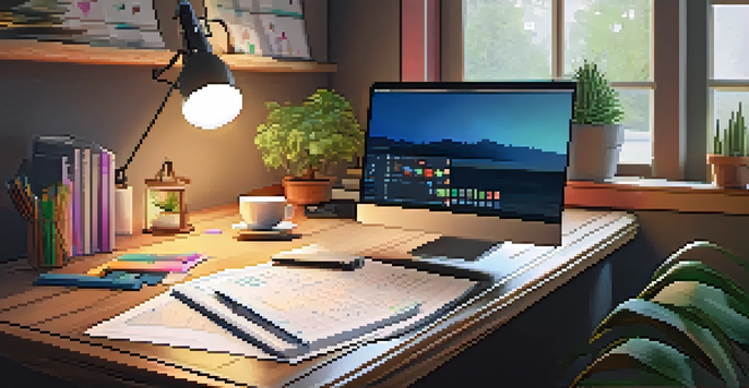 A warm and inviting home office scene featuring a wooden desk with a laptop, coffee cup, and stationery, illuminated by soft natural light.
