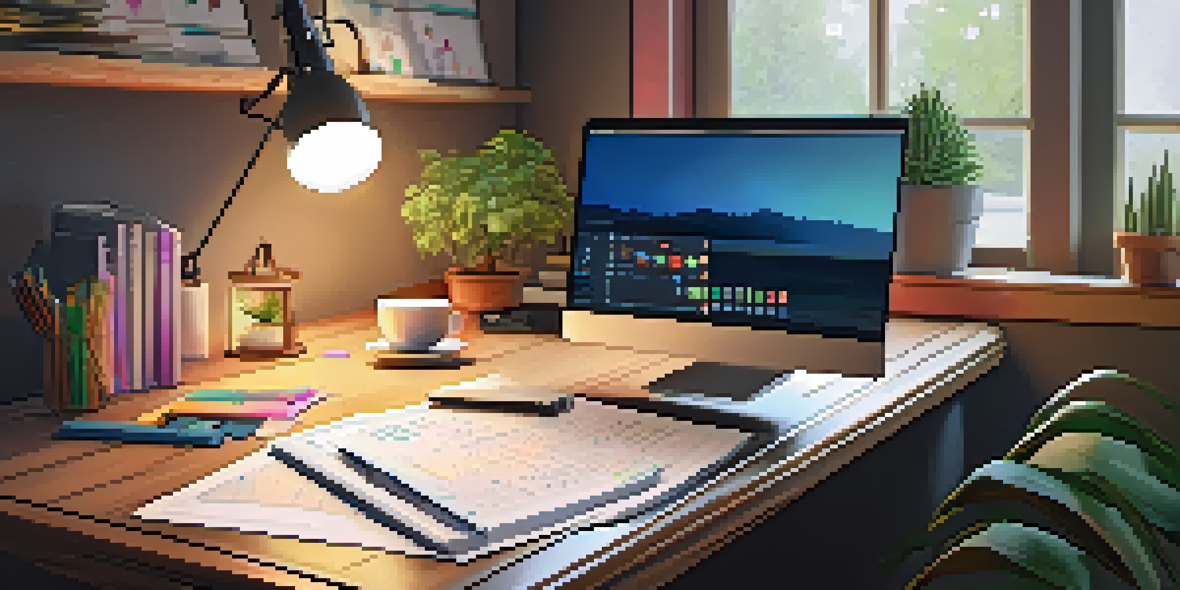 A warm and inviting home office scene featuring a wooden desk with a laptop, coffee cup, and stationery, illuminated by soft natural light.