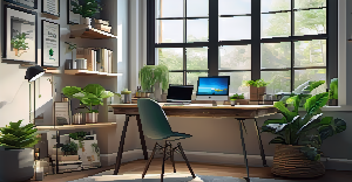 A home office with a modern desk, laptop, notepad, and coffee, illuminated by natural light from a window with a view of green plants outside.