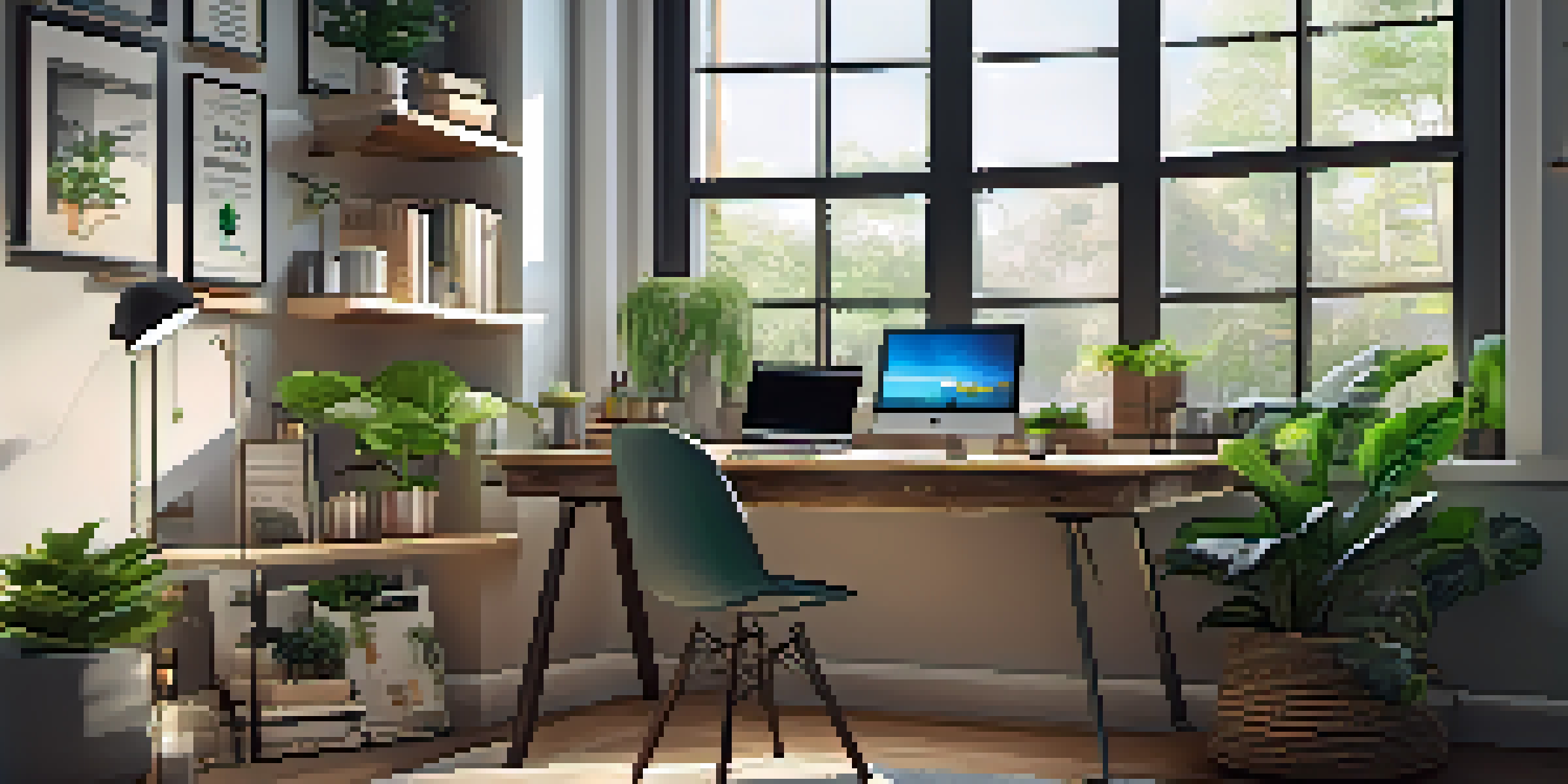 A home office with a modern desk, laptop, notepad, and coffee, illuminated by natural light from a window with a view of green plants outside.