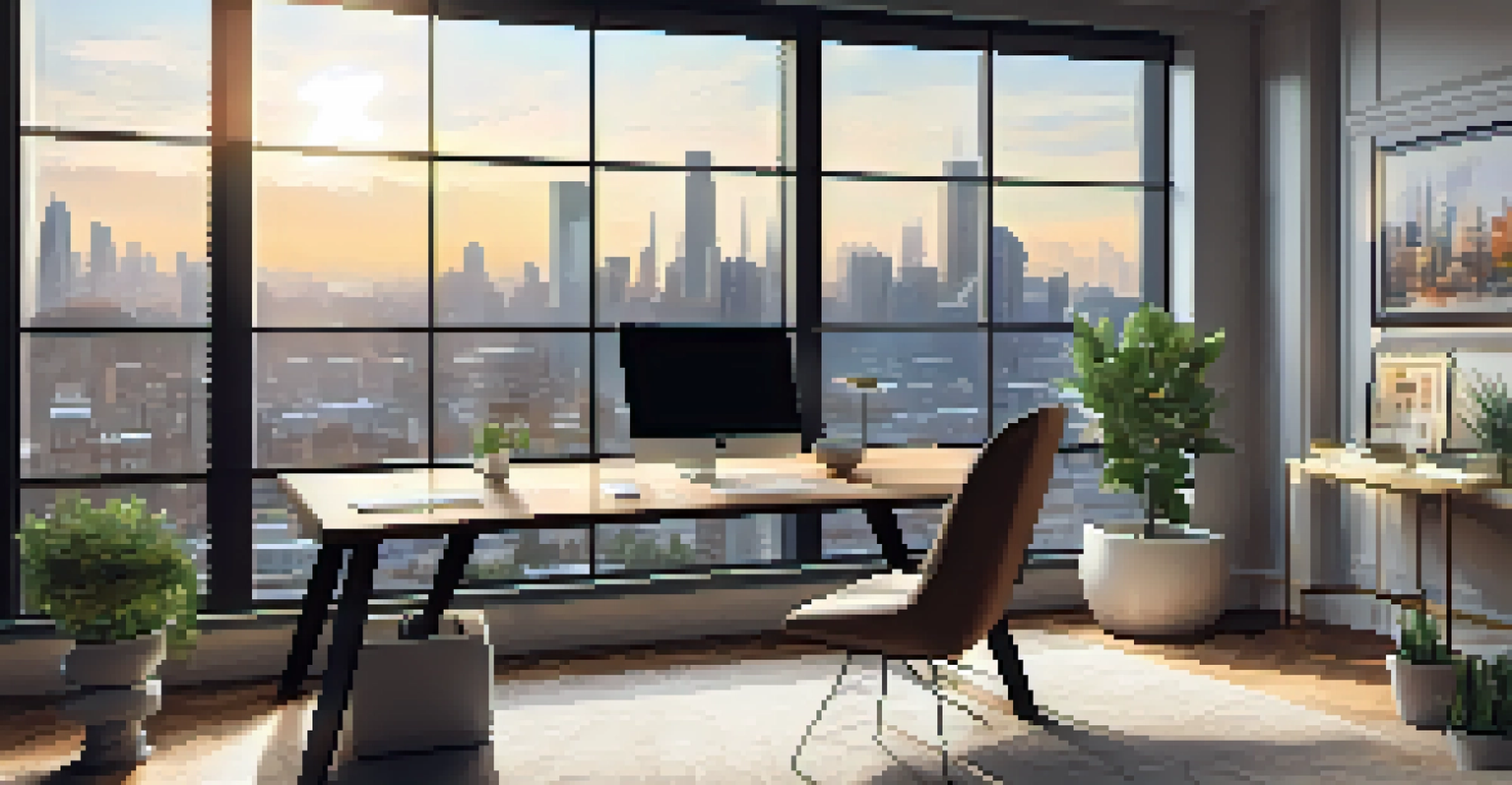 A stylish office with a desk, laptop displaying financial data, and a view of a city skyline through a large window.