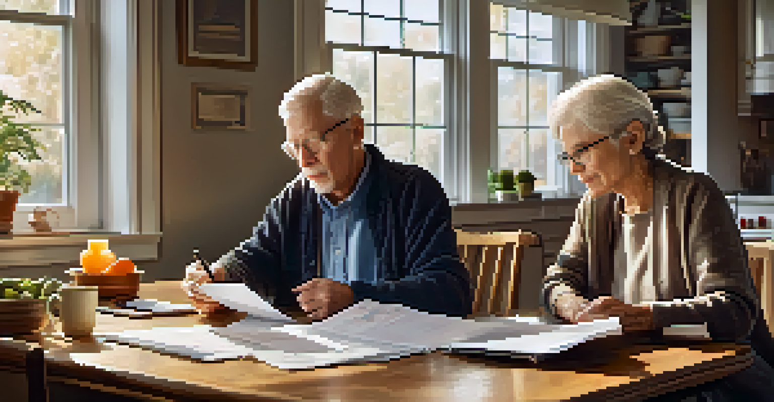 An elderly couple discussing financial documents at a kitchen table, surrounded by a warm and inviting atmosphere.