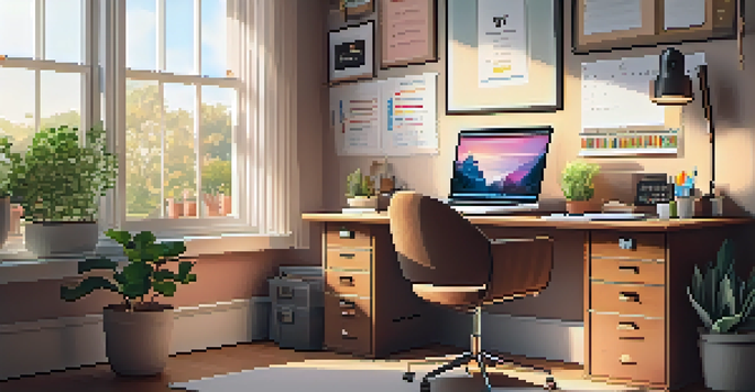 A well-organized home office with a desk, laptop, potted plants, and motivational decorations, illuminated by natural light.