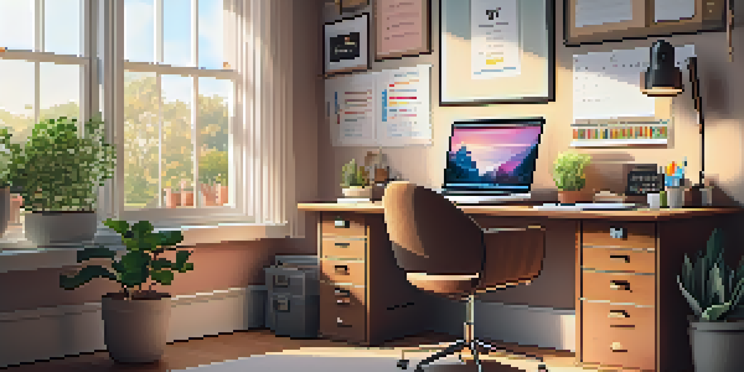 A well-organized home office with a desk, laptop, potted plants, and motivational decorations, illuminated by natural light.