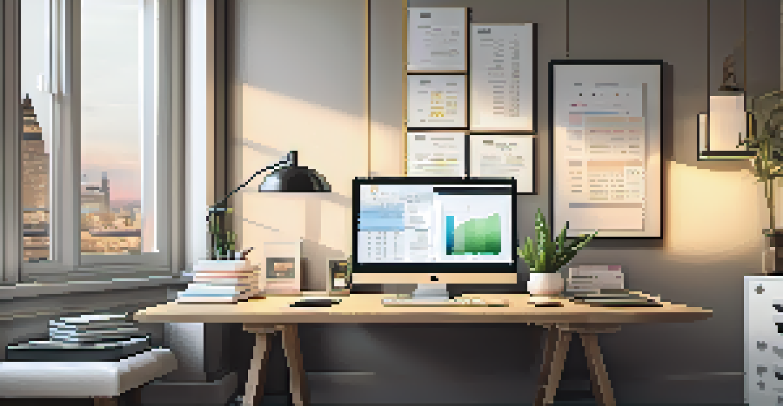 A peaceful workspace with a financial planner, receipts, and an open laptop amid warm lighting and motivational decor.