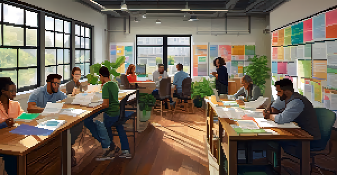 A diverse group of volunteers in a cozy office setting, collaborating on financial planning with colorful charts and documents, illuminated by natural light.