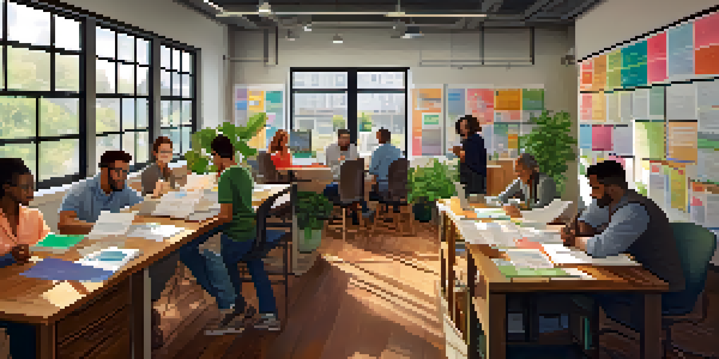 A diverse group of volunteers in a cozy office setting, collaborating on financial planning with colorful charts and documents, illuminated by natural light.