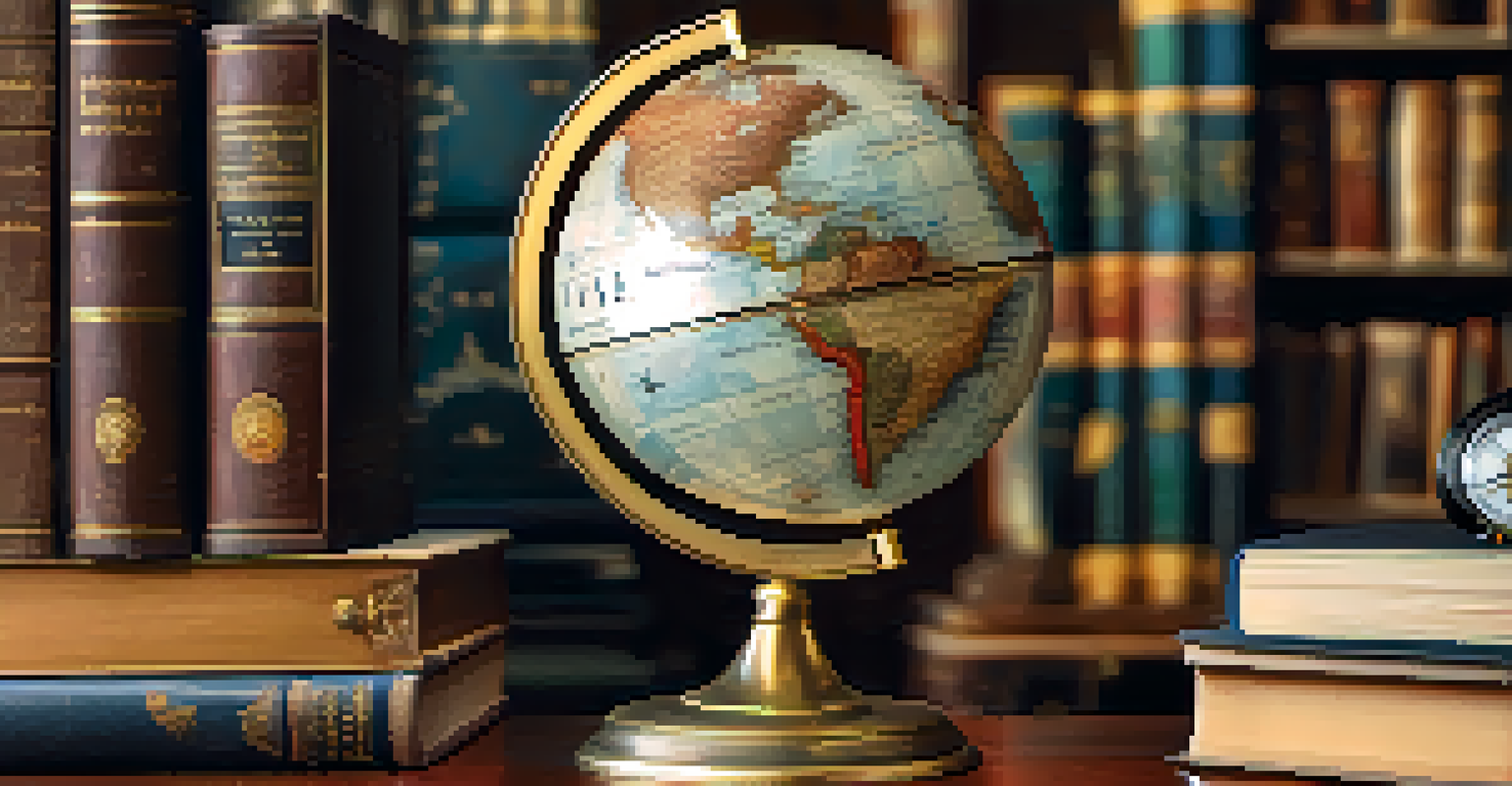 A close-up of a vintage globe on a wooden desk, with travel journals and a compass, in a cozy study environment.