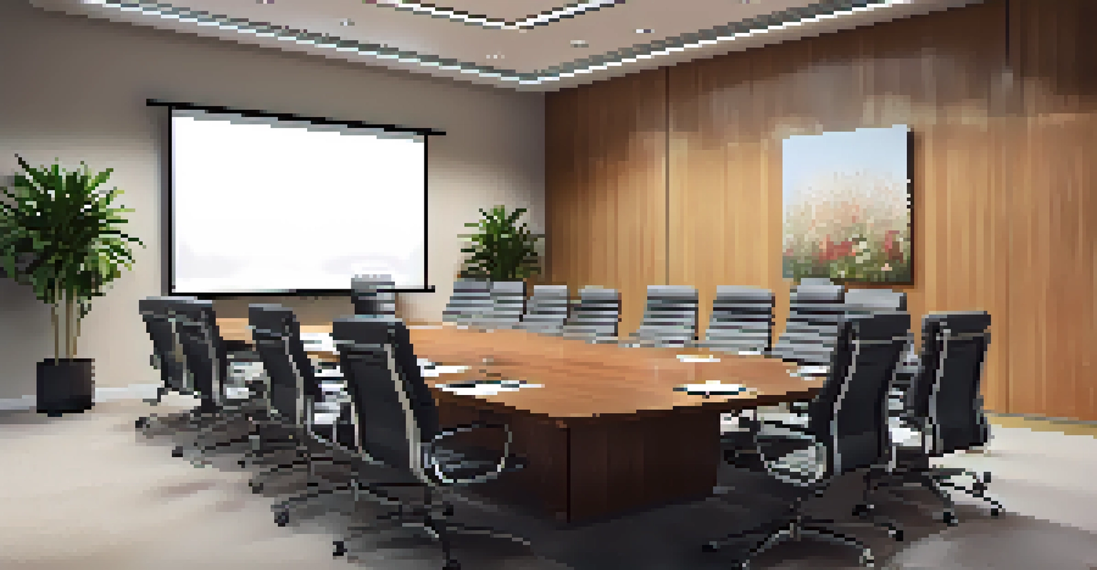 Stakeholders in a modern meeting room discussing audit improvements, with a projector displaying key findings.
