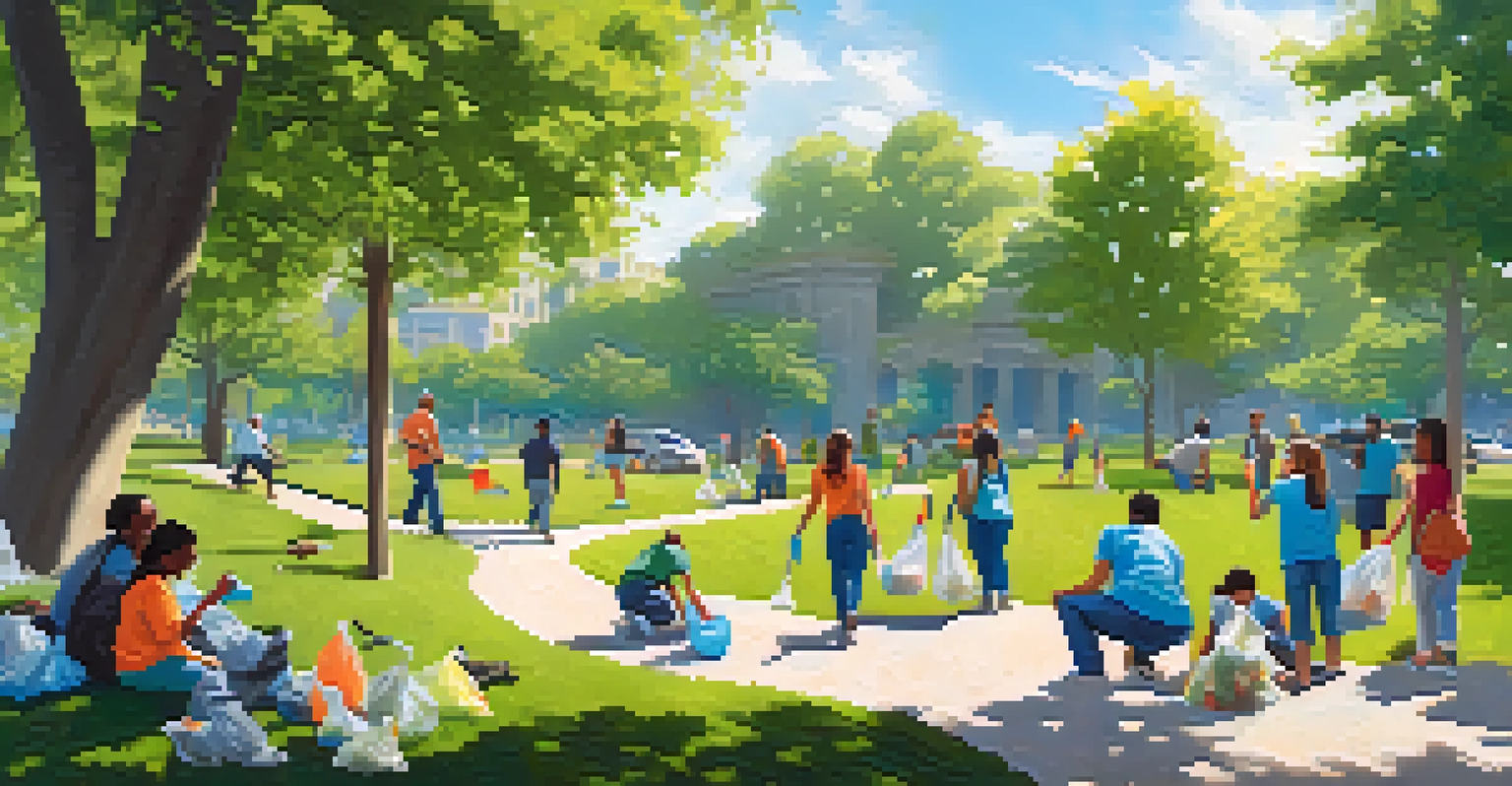 A group of diverse individuals participating in a community clean-up in a green park under a clear blue sky.