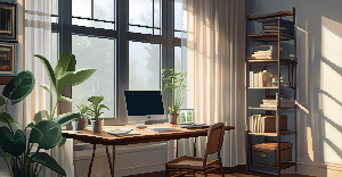 A cozy home office with a wooden desk, laptop, coffee cup, and plants, illuminated by morning light.