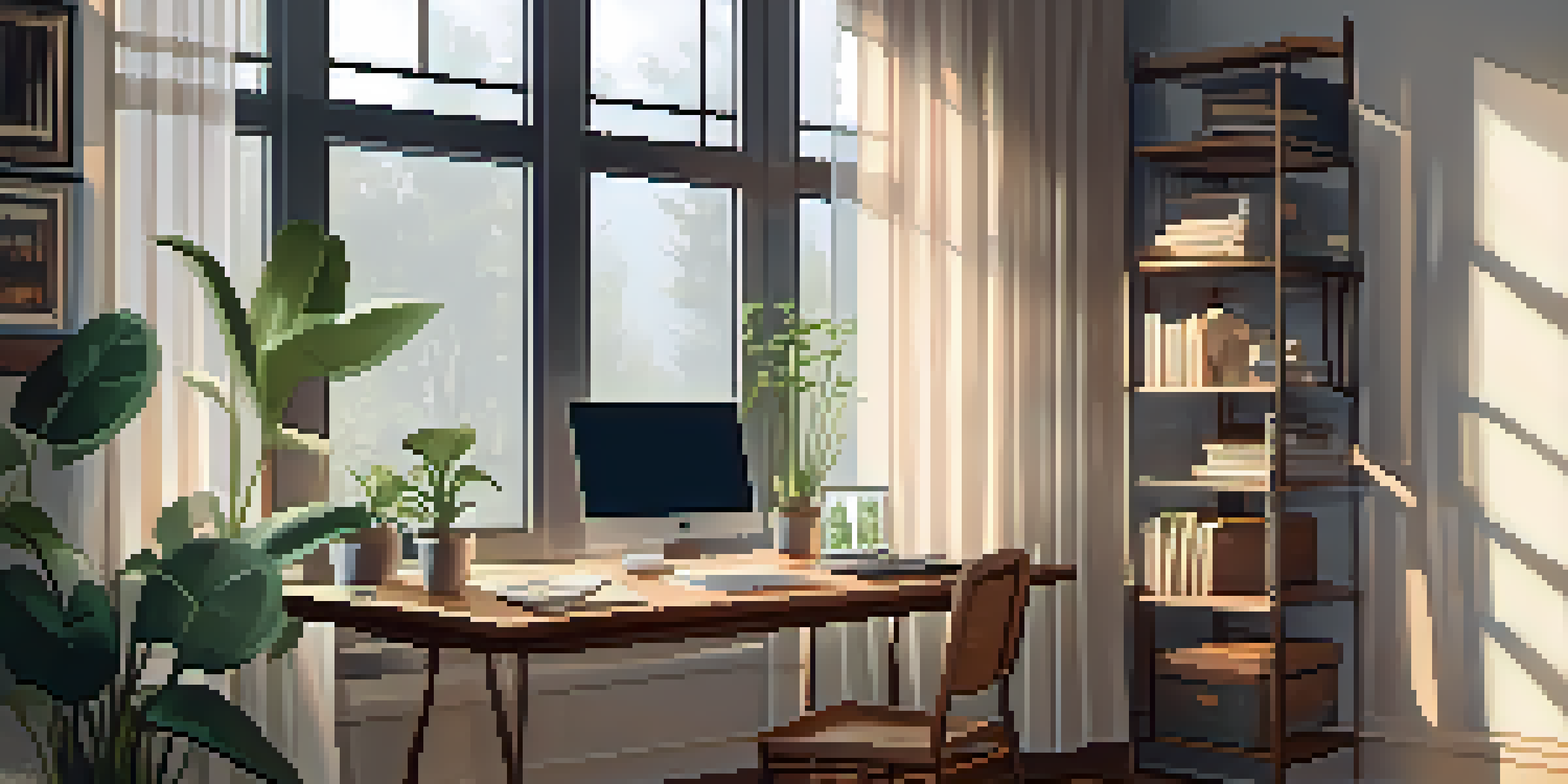 A cozy home office with a wooden desk, laptop, coffee cup, and plants, illuminated by morning light.