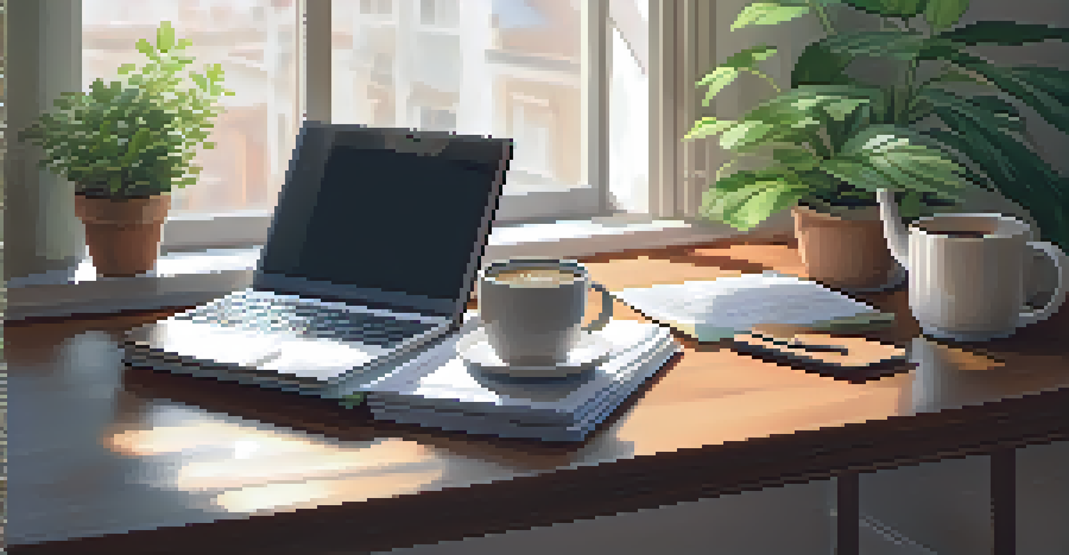A workspace with an open laptop, tax documents, a calculator, and a cup of coffee on a wooden desk, illuminated by natural light.