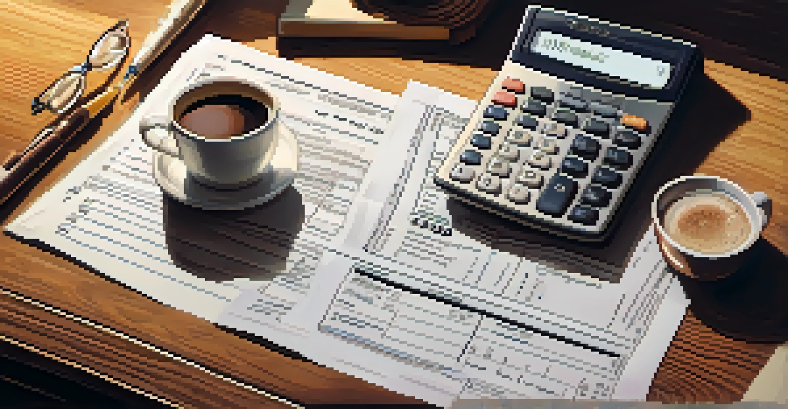 A close-up of a tax form on a wooden desk with a calculator, a pen, and a cup of coffee, illuminated by warm natural light.