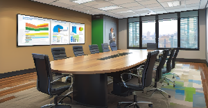 A bright conference room with a large wooden table, high-backed chairs, laptops, and motivational posters on the walls.