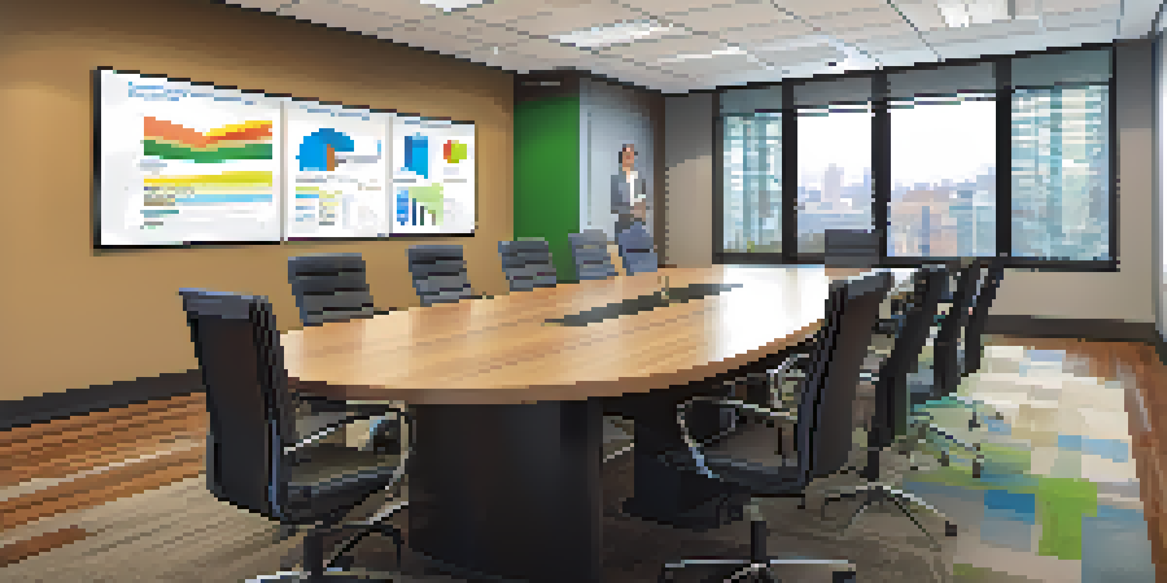 A bright conference room with a large wooden table, high-backed chairs, laptops, and motivational posters on the walls.