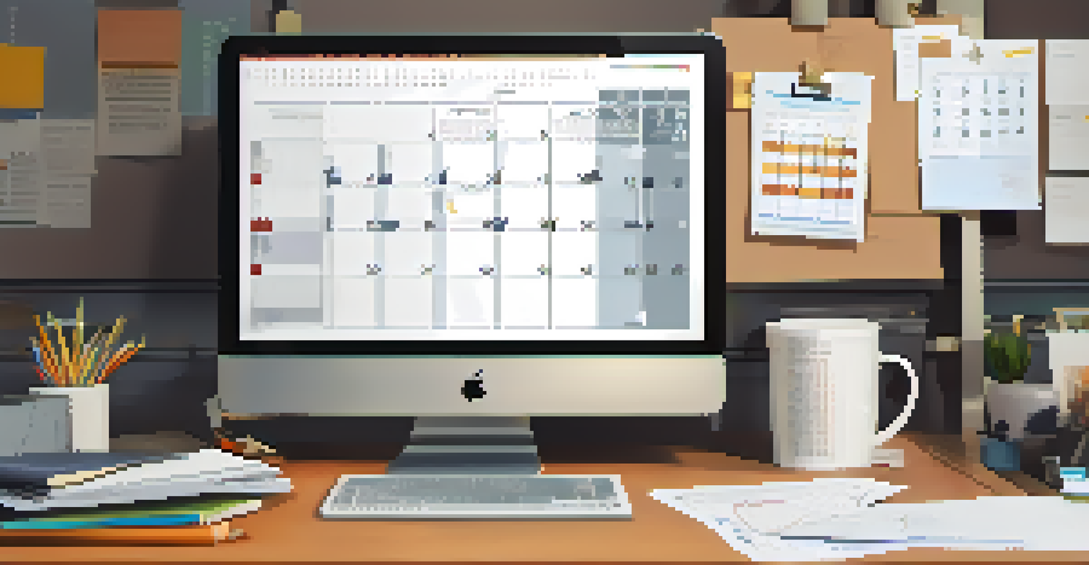 An organized workspace with a calendar, papers, a calculator, and a laptop focused on tax preparation.
