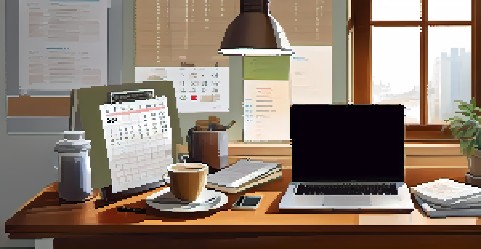An organized workspace with a laptop, financial documents, and a cup of coffee, illuminated by natural and desk lamp light.