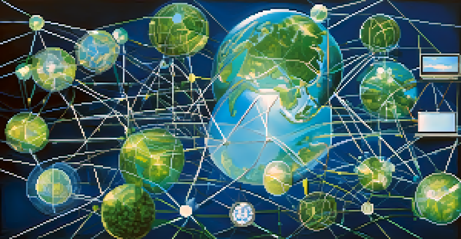 An abstract visual representation of globalization with interconnected lines, nodes, and icons of trade and culture in blue and green hues.
