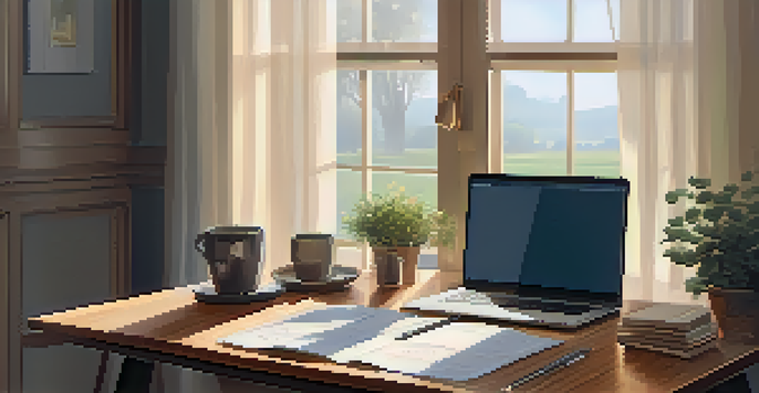 A cozy home office with a wooden desk, an open laptop displaying tax software, a cup of coffee, and a notepad with notes, illuminated by soft afternoon light.