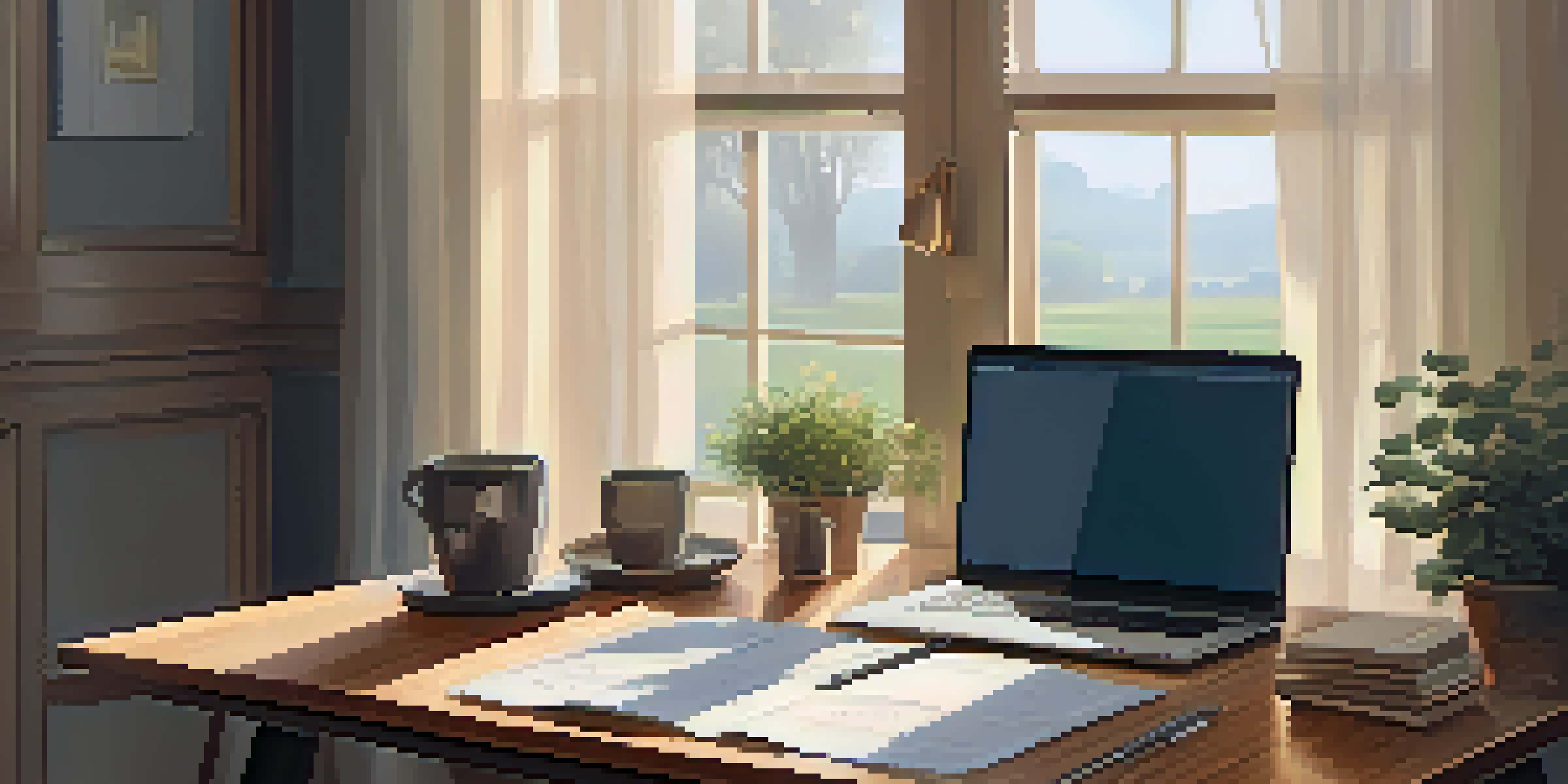 A cozy home office with a wooden desk, an open laptop displaying tax software, a cup of coffee, and a notepad with notes, illuminated by soft afternoon light.