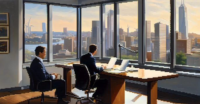 Two business partners engaged in a discussion at a conference table with financial documents and a city skyline visible through the window.