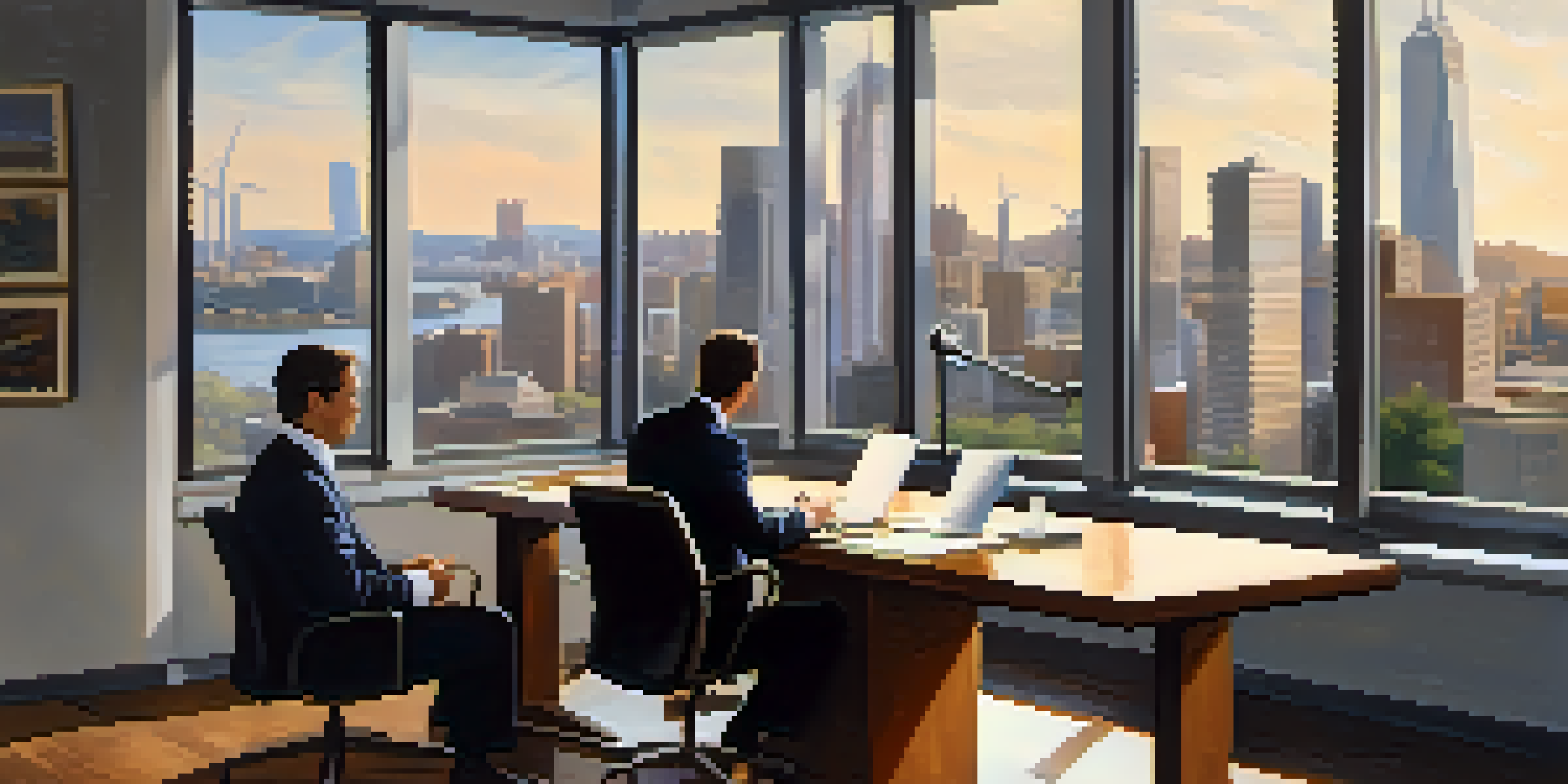 Two business partners engaged in a discussion at a conference table with financial documents and a city skyline visible through the window.
