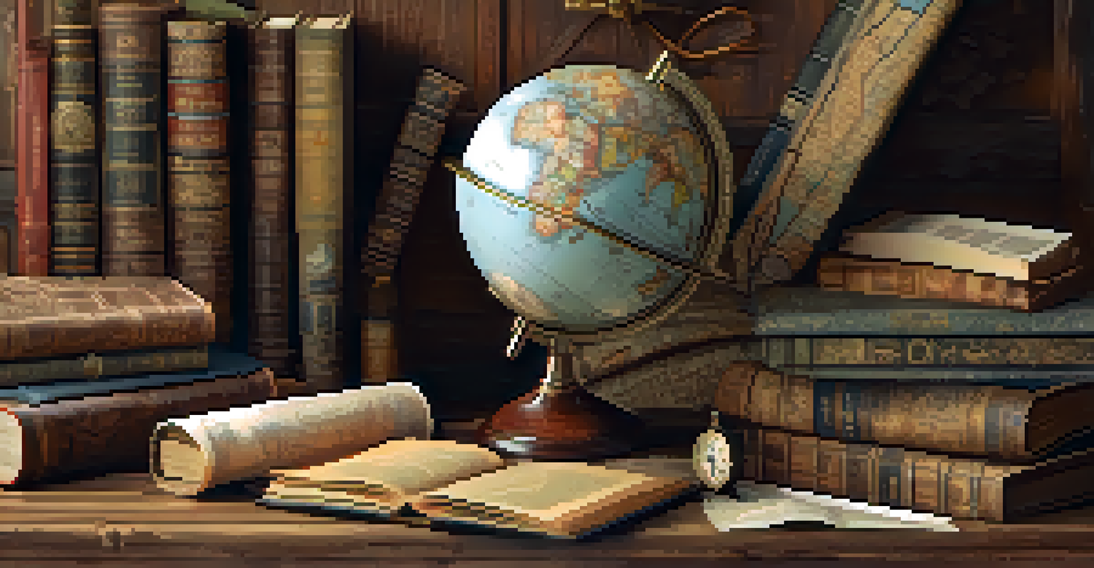A close-up view of a vintage globe with detailed geographical features, illuminated by soft light, next to travel items on a wooden desk.