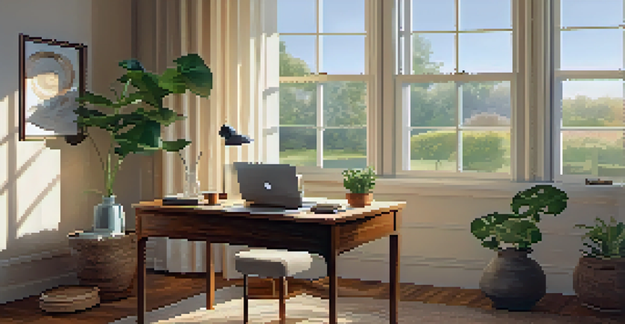 A cozy home office with a desk, laptop, and a cup of coffee illuminated by warm morning light.