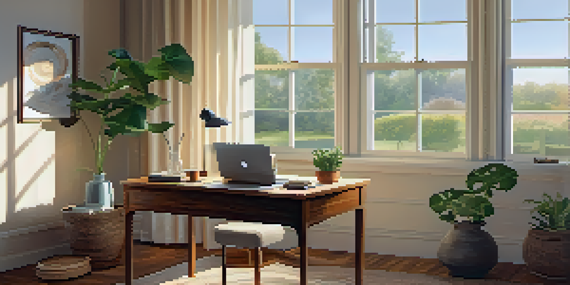 A cozy home office with a desk, laptop, and a cup of coffee illuminated by warm morning light.
