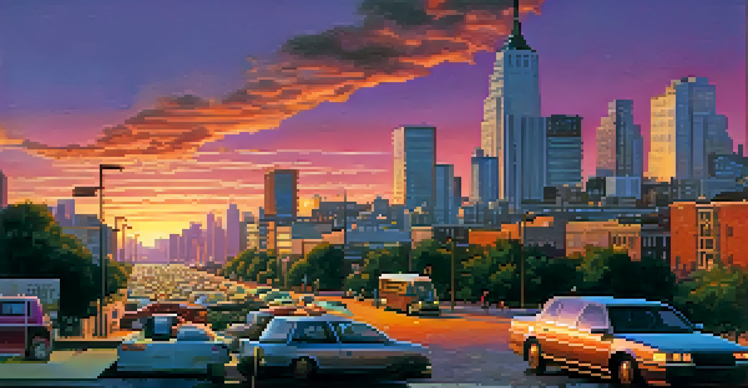 A city skyline at sunset with colorful skies, silhouetted buildings, and a busy street filled with people and vehicles.
