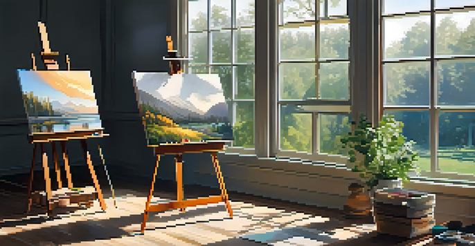 An artist's studio filled with natural light and art supplies, featuring a wooden easel and a half-finished landscape painting.