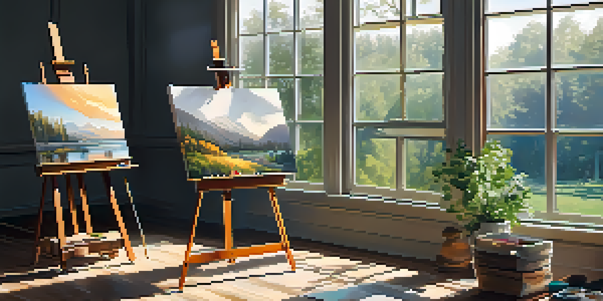 An artist's studio filled with natural light and art supplies, featuring a wooden easel and a half-finished landscape painting.