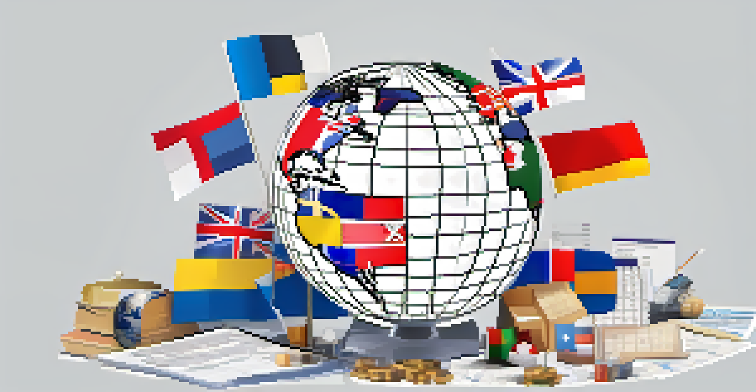 An illustration of a globe surrounded by country flags and tax-related symbols, highlighting global tax compliance.