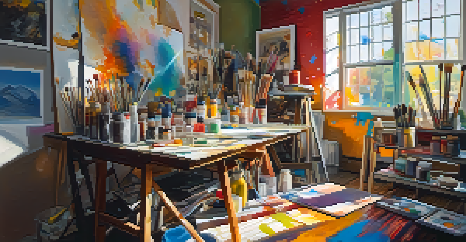 An artist's workspace with a canvas on an easel, jars of paintbrushes, and tubes of paint, illuminated by sunlight through a window.
