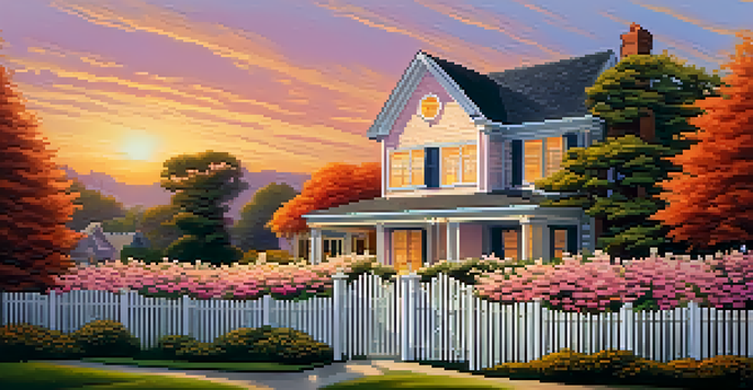 A picturesque scene of a traditional home with a white picket fence and colorful flowers, under a warm sunset sky.
