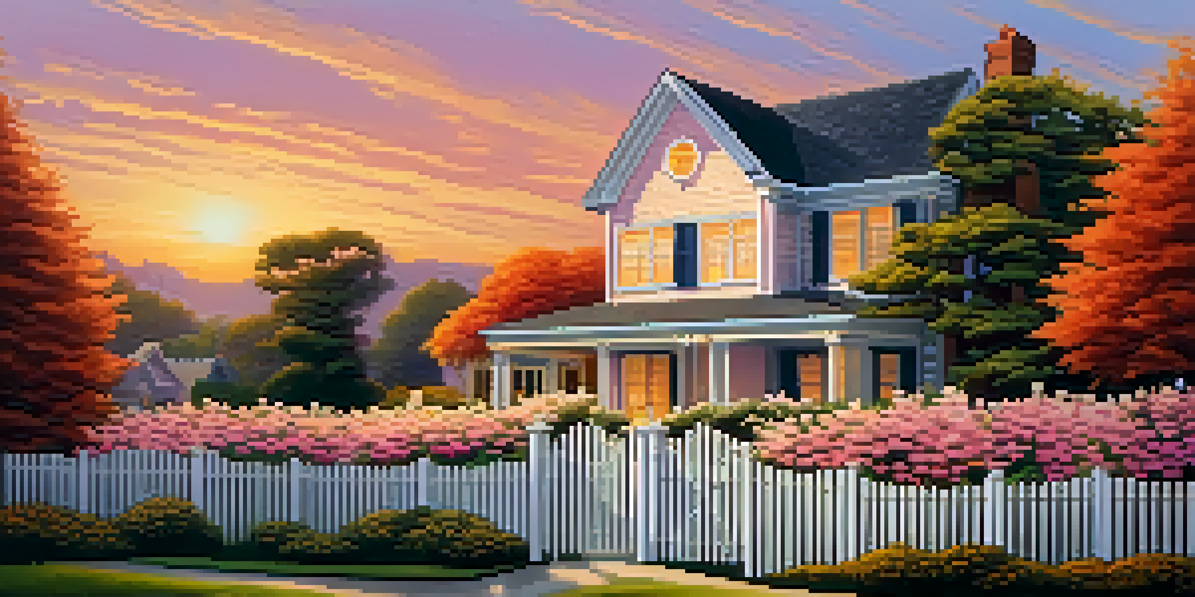 A picturesque scene of a traditional home with a white picket fence and colorful flowers, under a warm sunset sky.