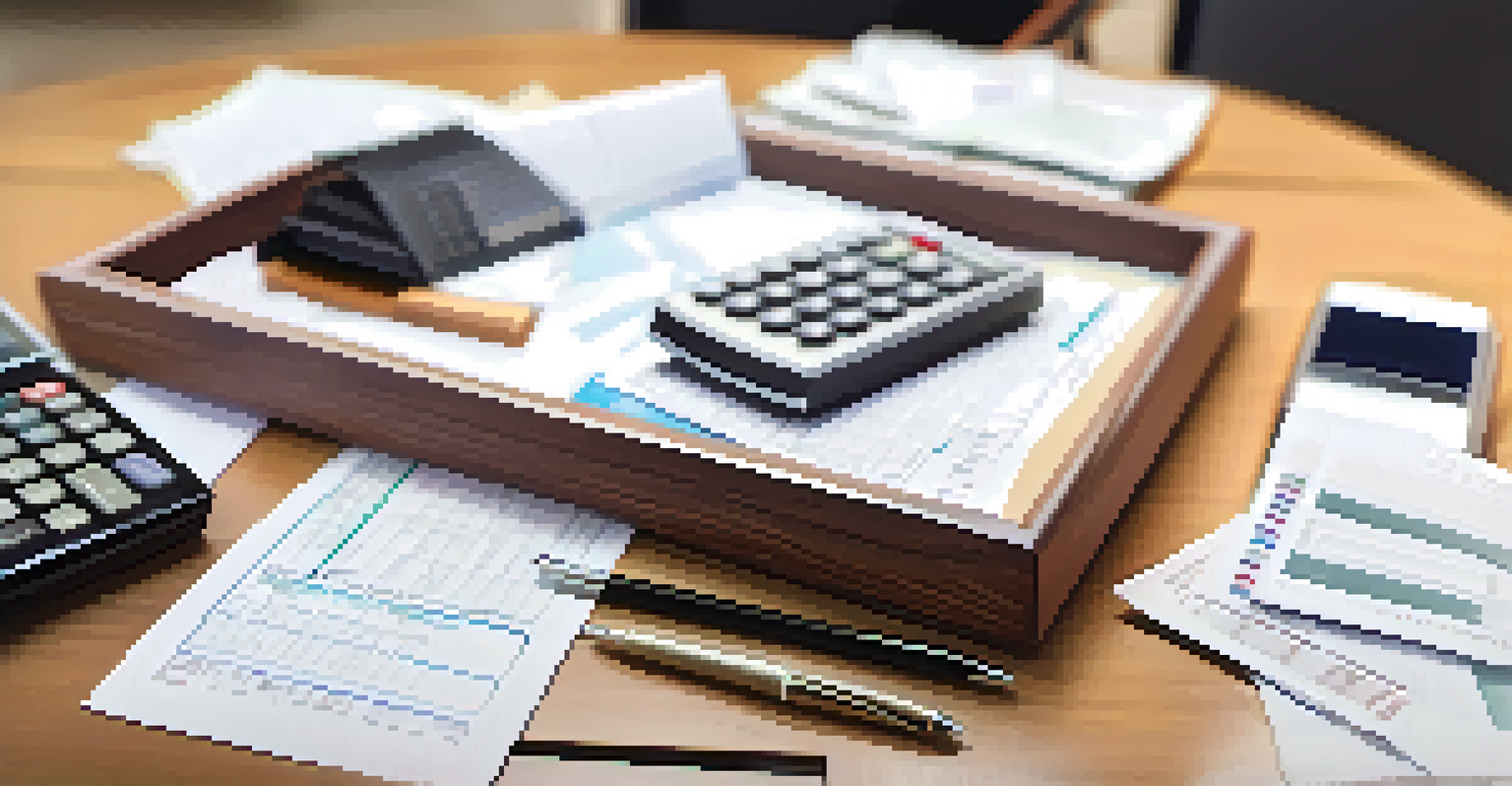 A close-up of organized receipts in a tray with a pen and calculator, highlighting the importance of financial documentation.
