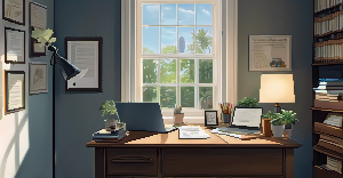 A home office with a desk full of tax documents, a laptop, and coffee, illuminated by soft natural light from a window.