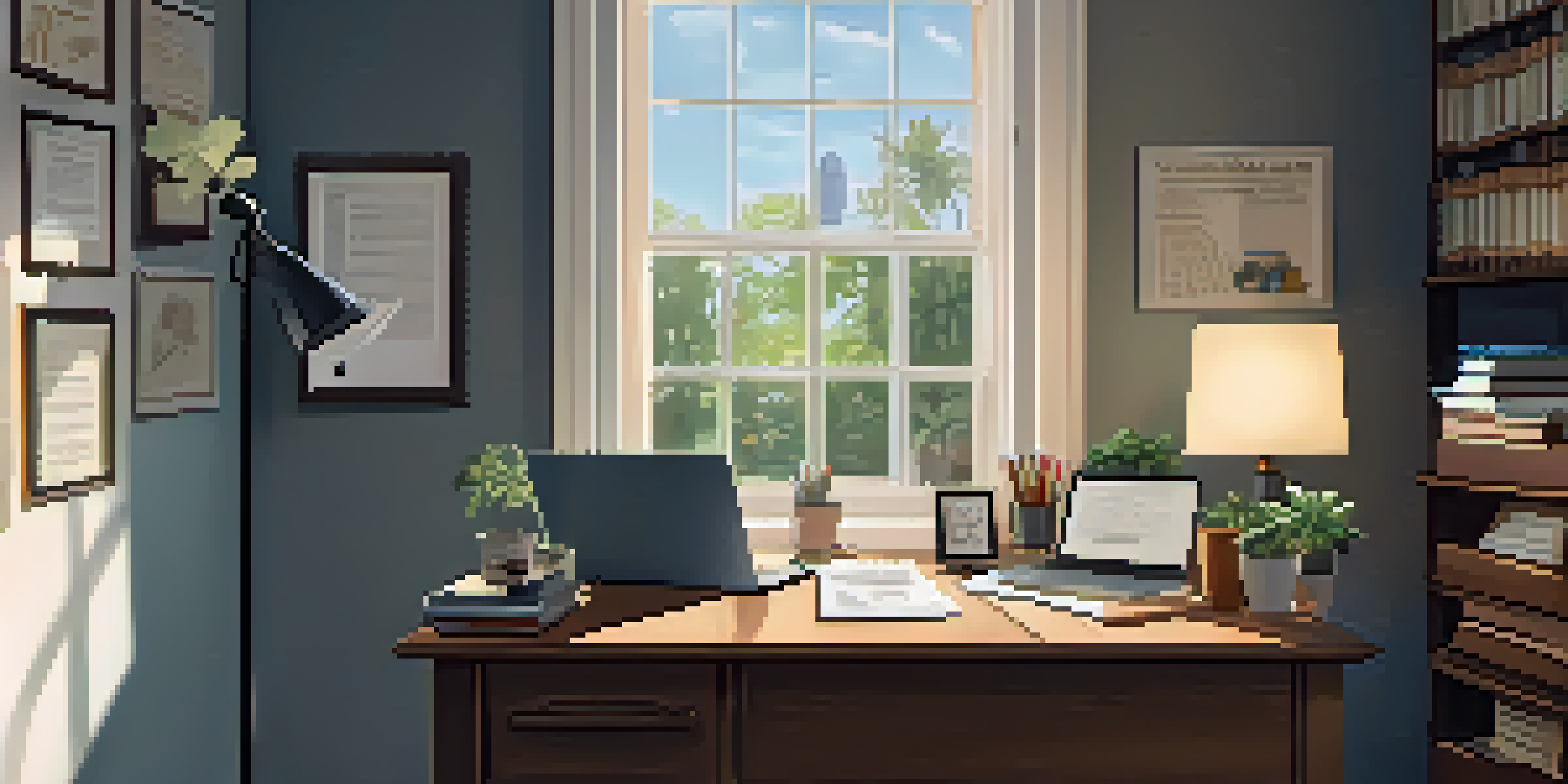 A home office with a desk full of tax documents, a laptop, and coffee, illuminated by soft natural light from a window.