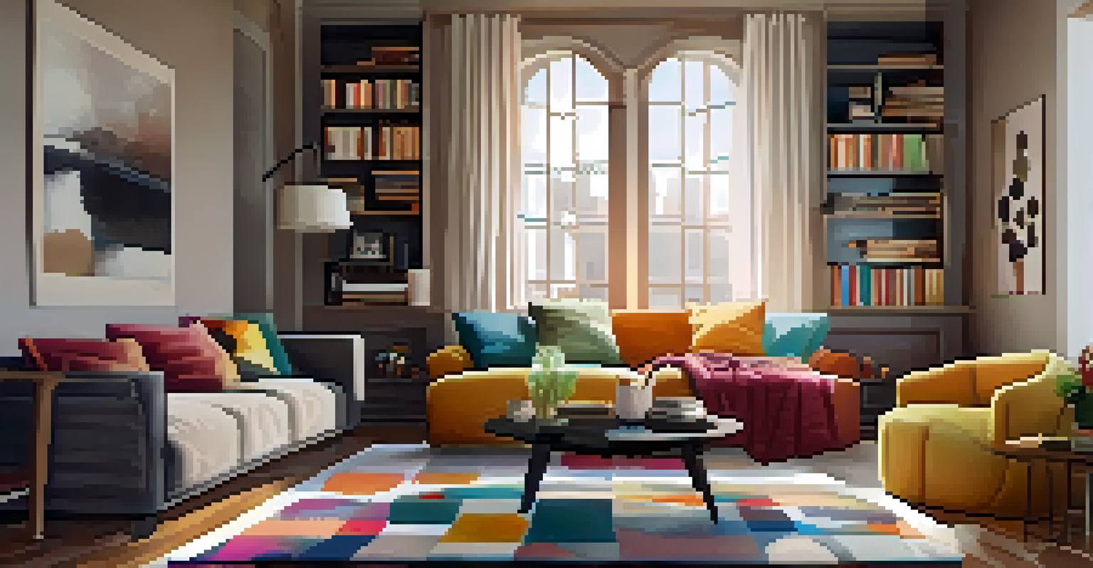 A cozy living room with a comfortable sofa, coffee table, and warm lighting, creating an inviting atmosphere.