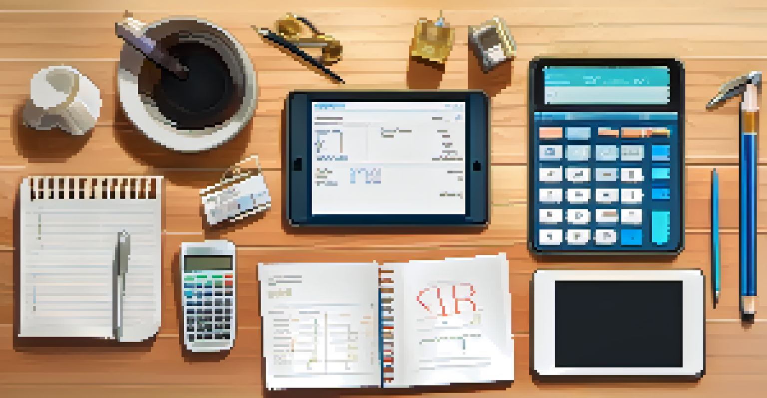 An overhead view of a tidy workspace featuring a digital tablet with graphs, a calculator, and a stack of receipts.