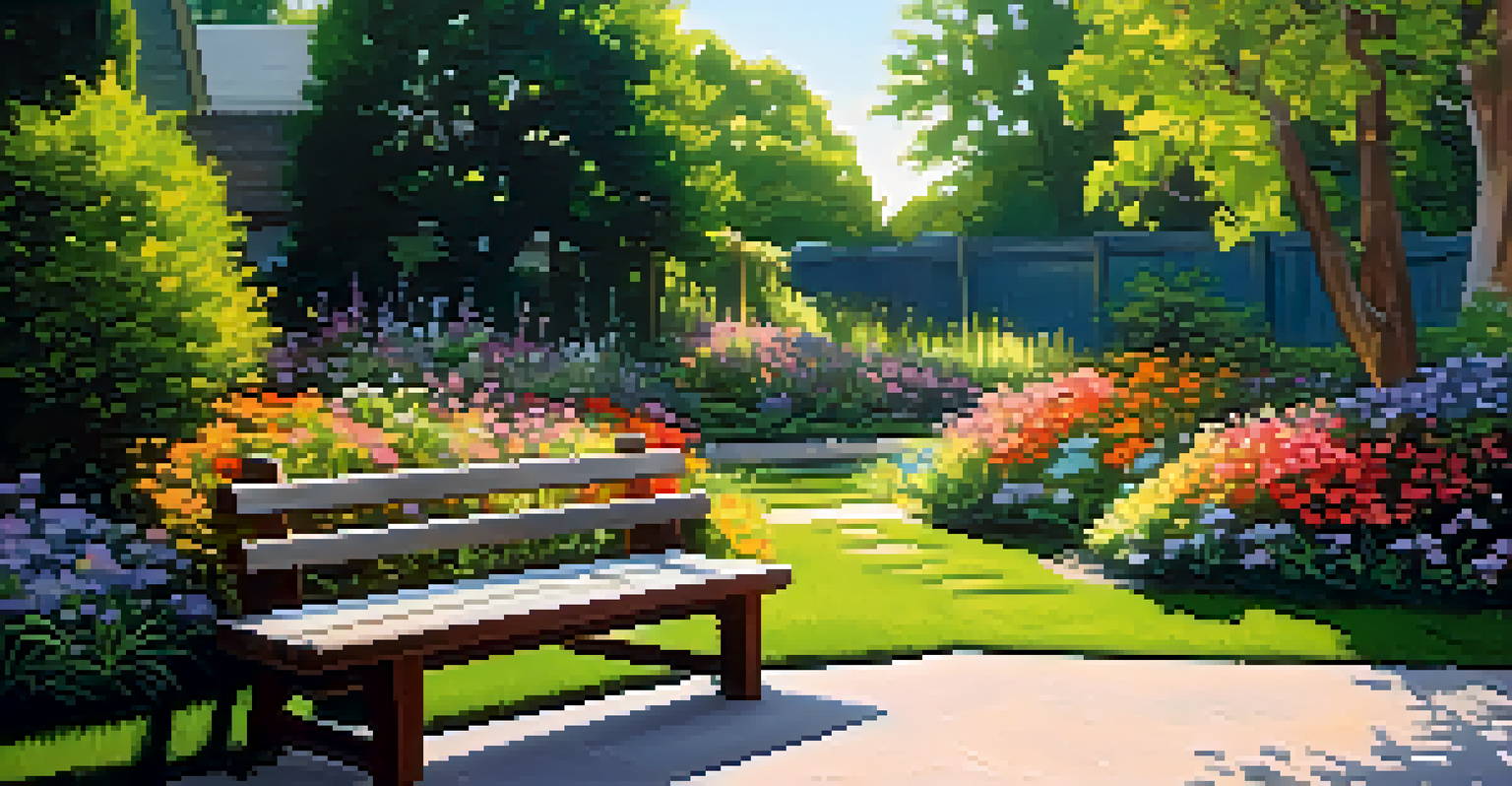 A beautiful garden featuring a wooden bench amidst vibrant flowers and greenery, illuminated by bright sunlight.