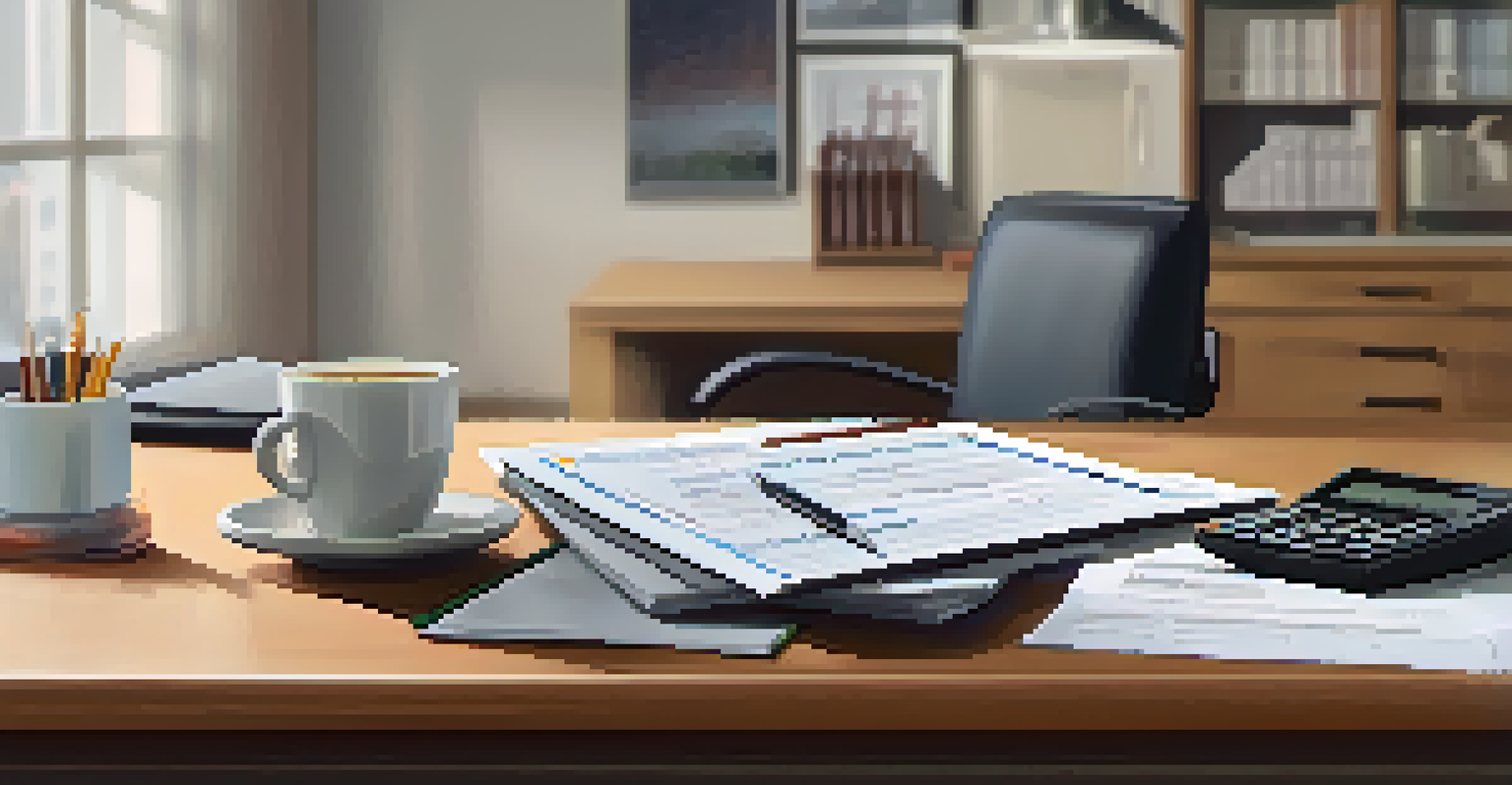 An accountant's desk with a 1099-MISC form, calculator, and coffee cup.