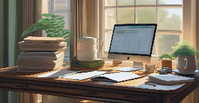 A cozy home office with a wooden desk, open laptop, tax documents, calculator, and a cup of coffee, illuminated by soft natural light from a window.