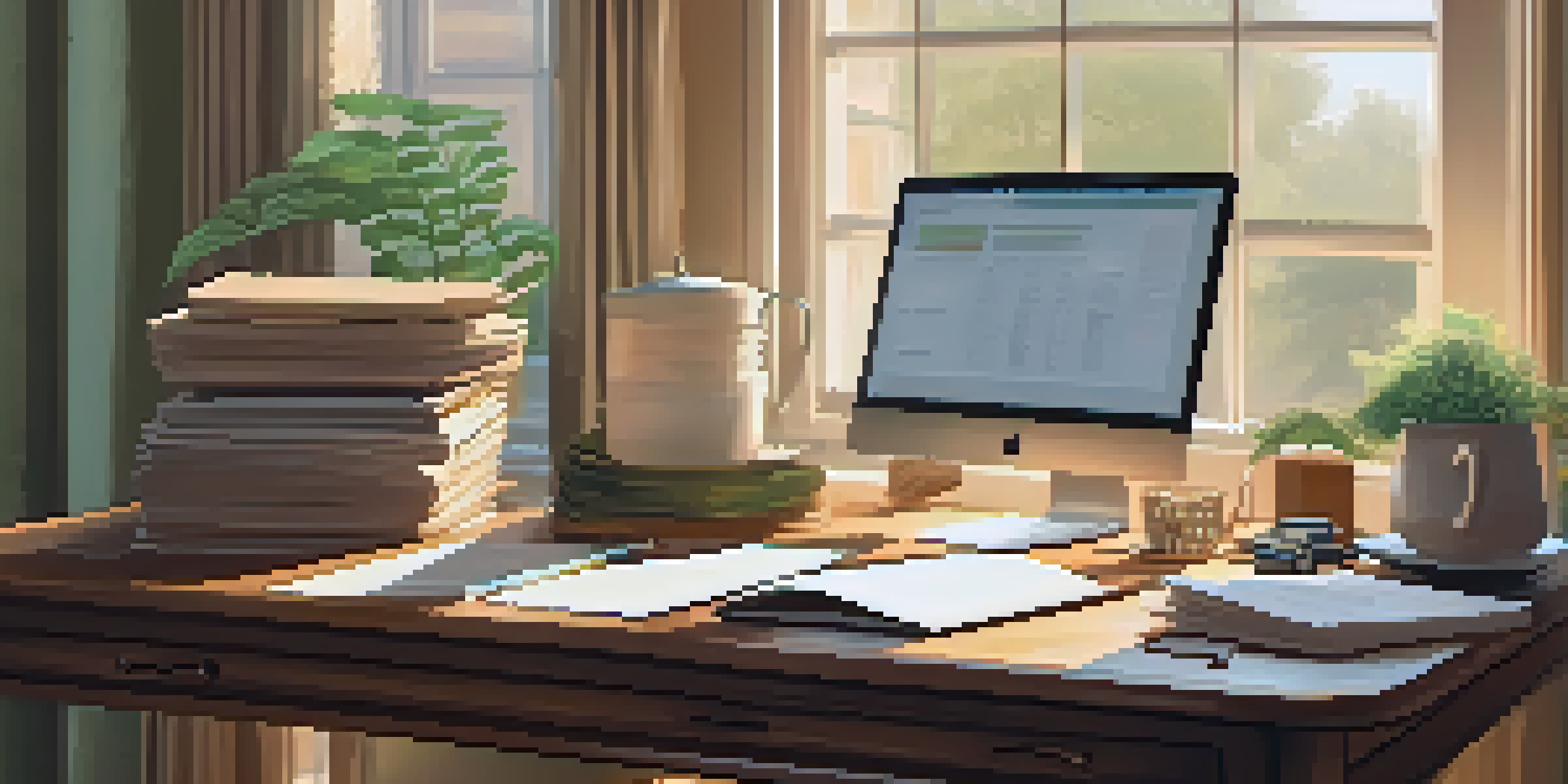 A cozy home office with a wooden desk, open laptop, tax documents, calculator, and a cup of coffee, illuminated by soft natural light from a window.