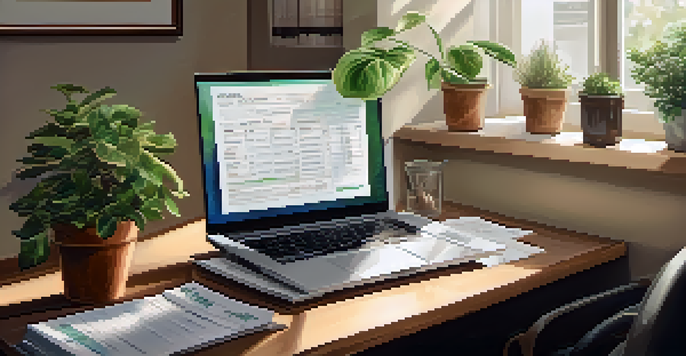 A tidy office desk with financial documents, a laptop, and a potted plant, illuminated by natural light from a window.
