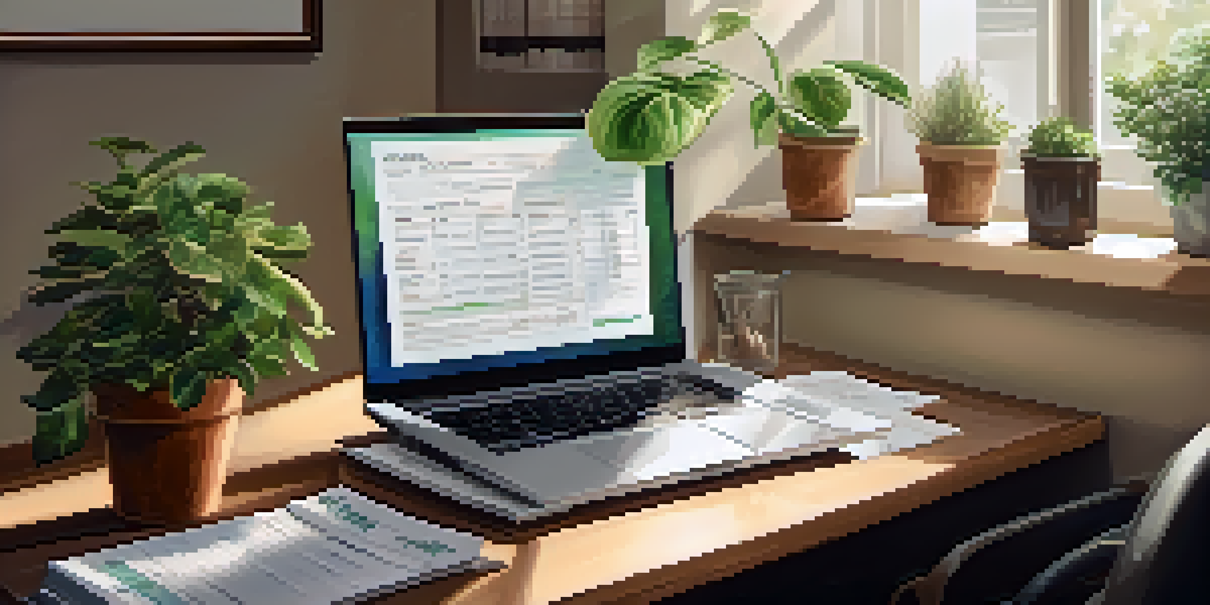 A tidy office desk with financial documents, a laptop, and a potted plant, illuminated by natural light from a window.