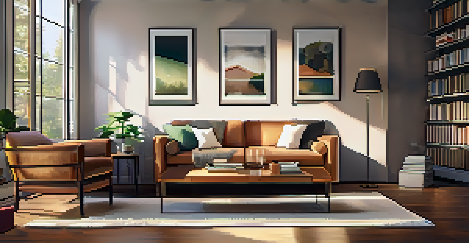 A cozy living room with a sofa, coffee table with tax documents, and a bookshelf full of financial books, bathed in warm lighting.