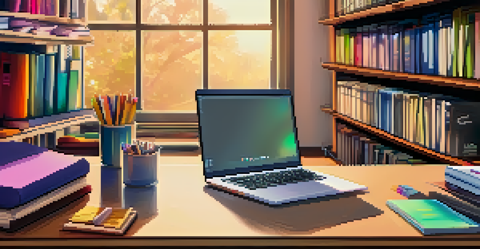 A close-up of a workspace with a laptop, colorful stationery, and an open notebook, set against a blurred bookshelf.